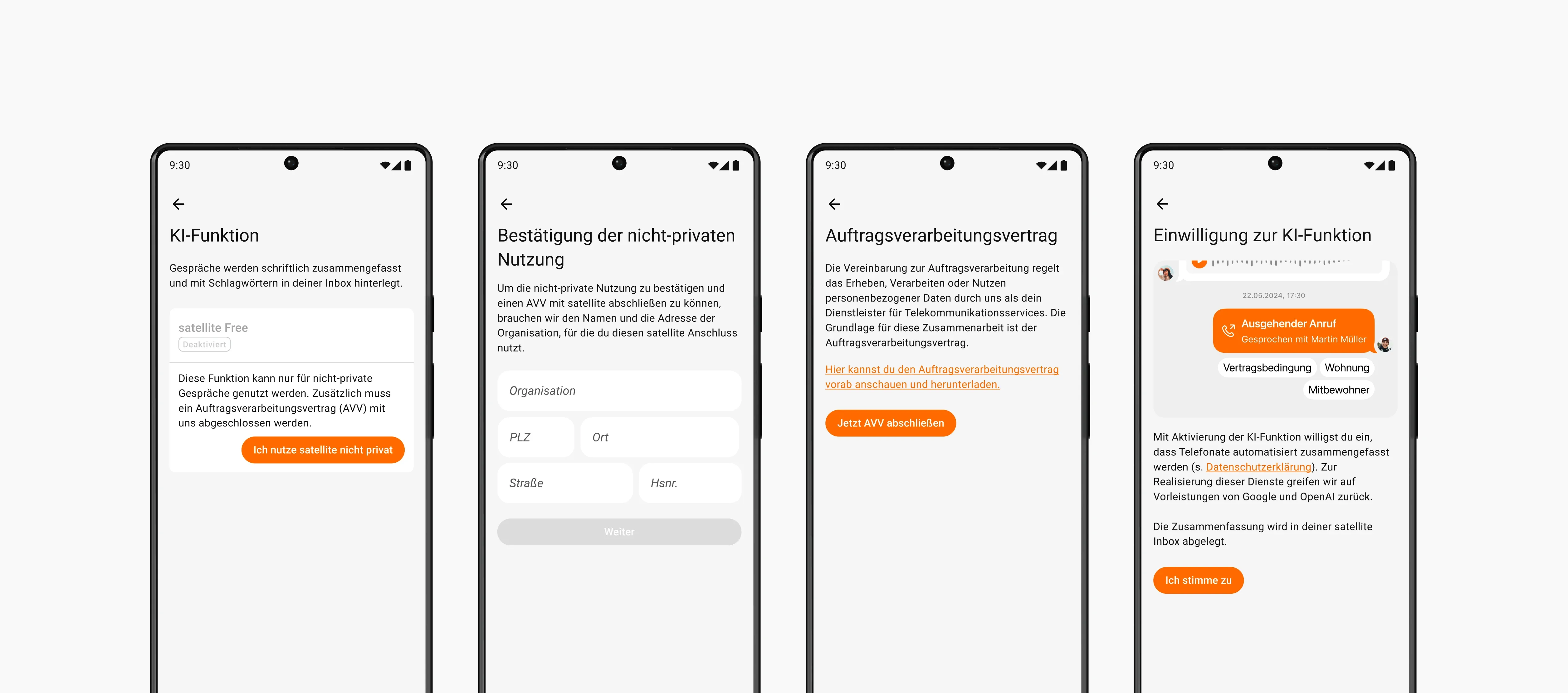 Einstellungsdialog in satellite, in dem Nutzer ein Unternehmen mit Adresse angeben, um die AI-Funktion freizuschalten